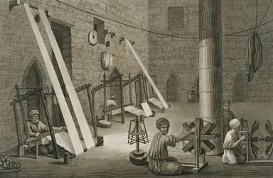 Egy szövőműhely belseje, az "Egyiptom leírása" II. kötetéből (Művészetek és mesterségek), metszette Schroeder és E. Voysard, Napóleon parancsára, 1822 (lásd még 267695).